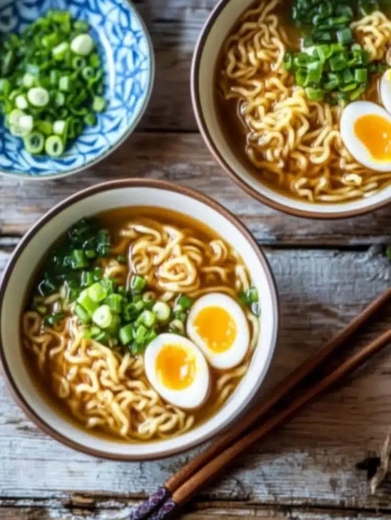 A bowl of easy healthy ramen noodles topped with fresh vegetables and herbs.