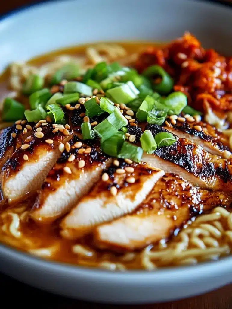 Bowl of Fiery Chicken Ramen with spices and garnishes