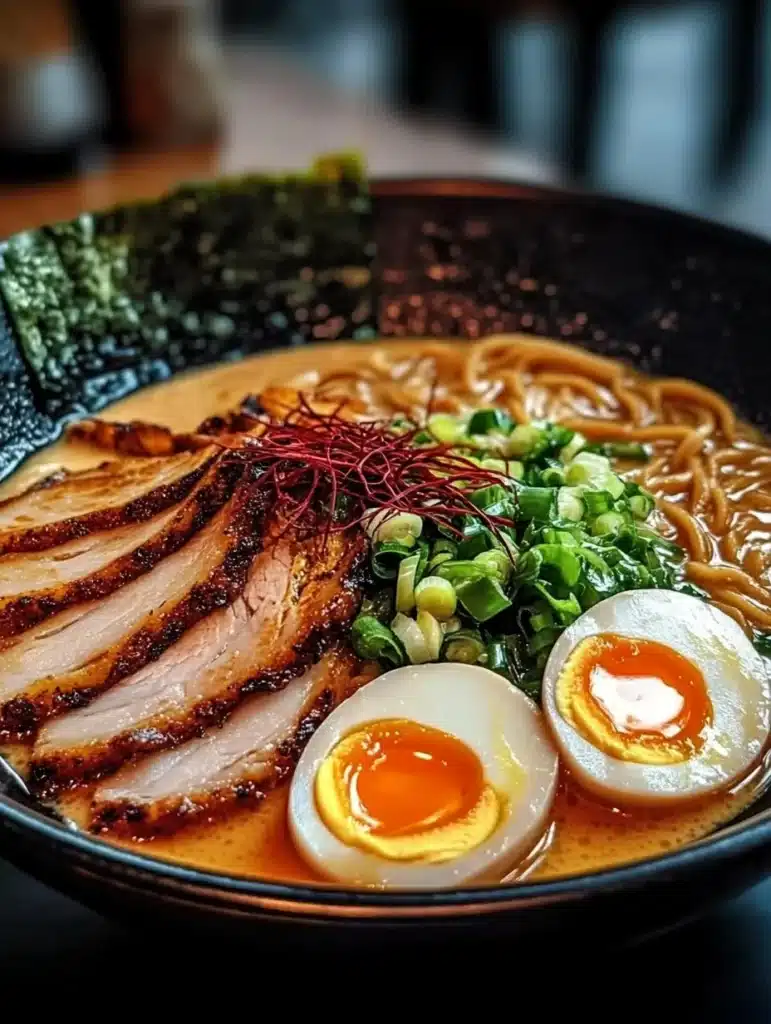 Bowl of fiery chicken ramen topped with creamy garlic sauce and fresh herbs