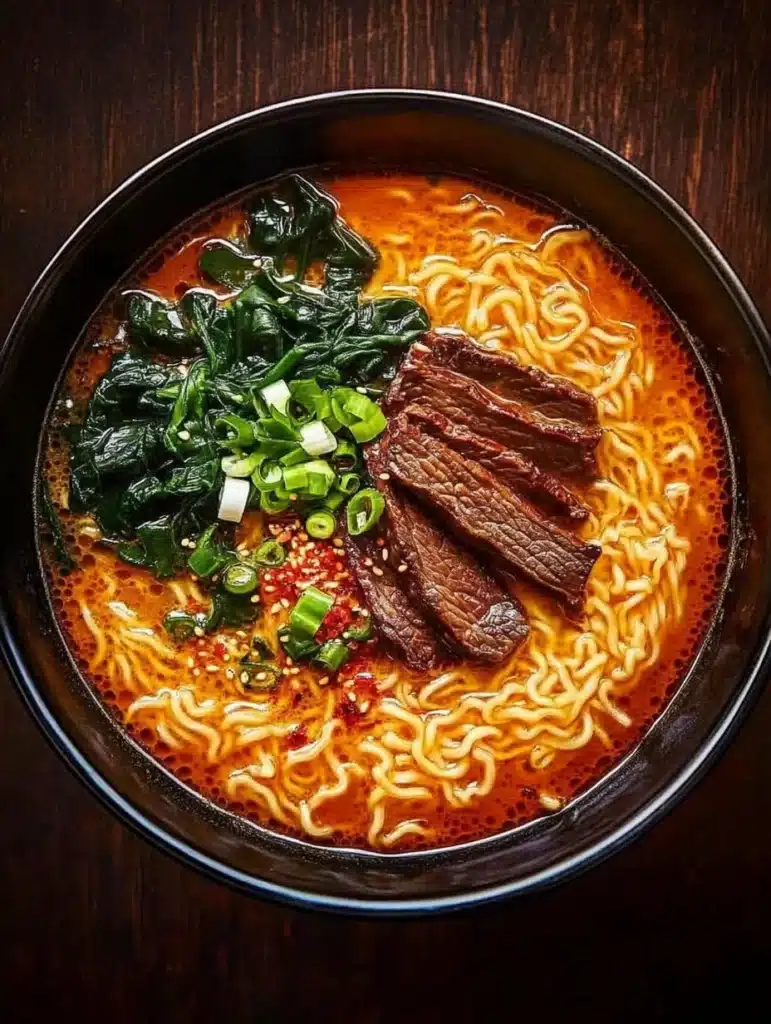 Bowl of spicy Korean ramen topped with grilled beef slices and garnished with green onions