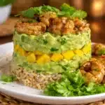 Honey Lime Shrimp & Avocado Rice Stack served elegantly on a plate.