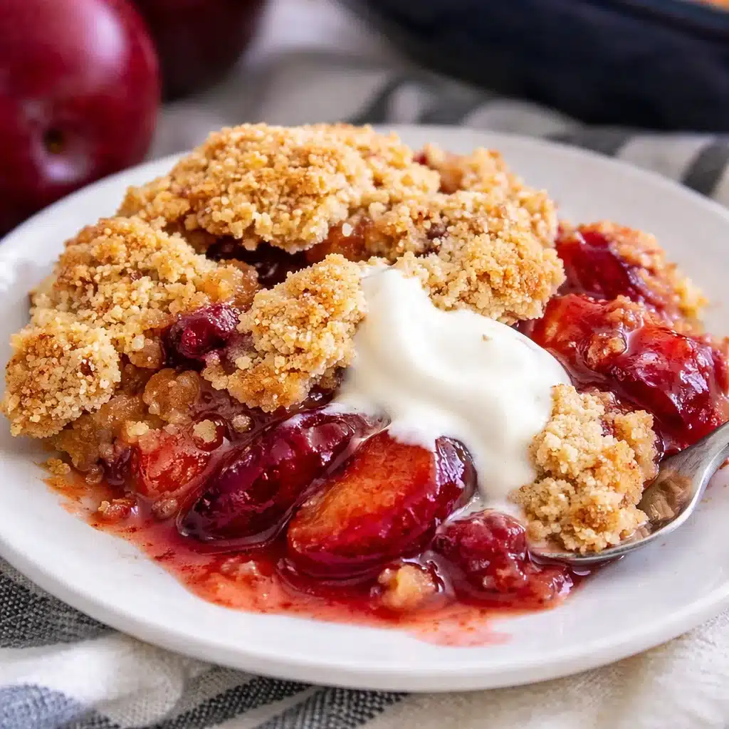A delicious Plum Crumble Dessert with juicy fruit and a buttery crumb topping.