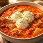 Bowl of high-protein lasagna soup with ingredients visible, perfect for healthy meals.