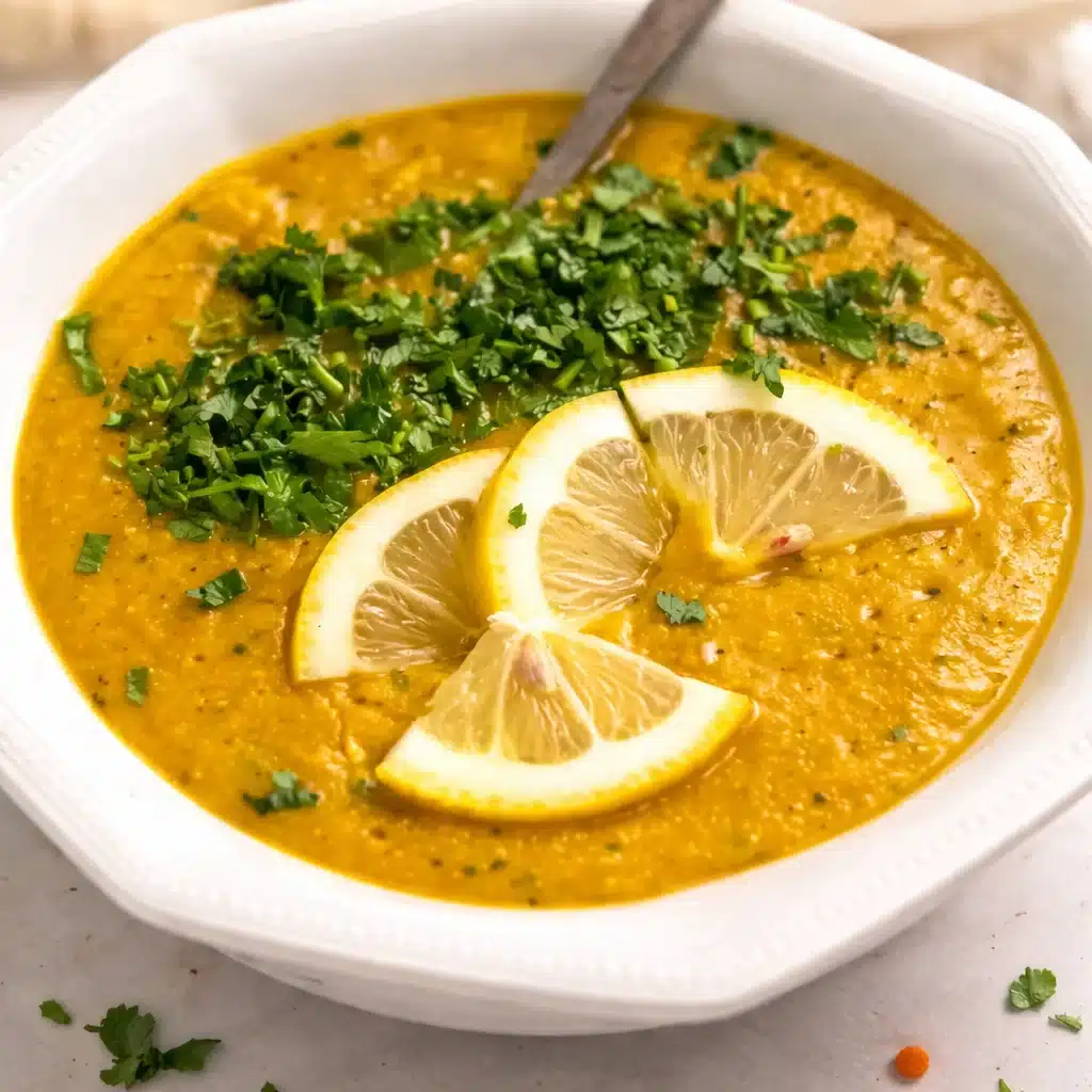 Bowl of Red Lentil Shorbat Adas Soup garnished with lemon and crispy onions.