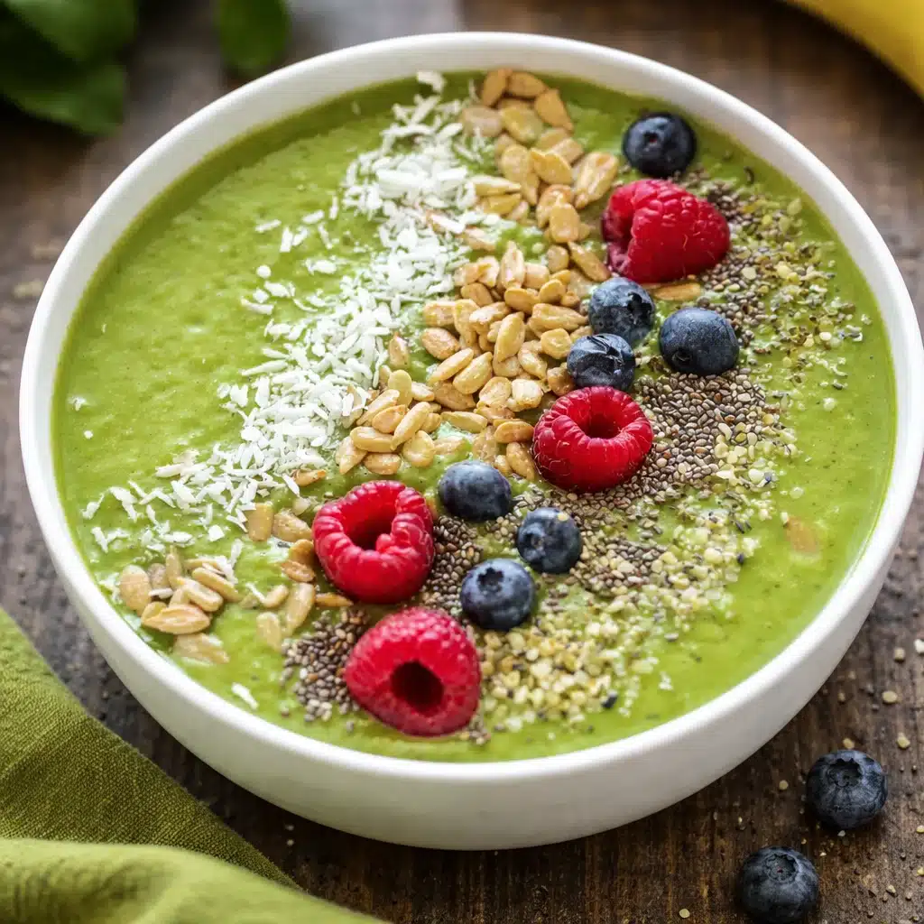 Delicious Healthy Green Smoothie Bowls with tropical fruits and healthy toppings.