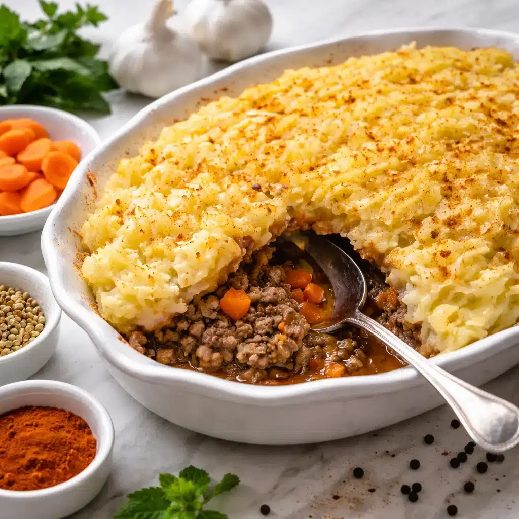 Spiced Cottage Pie topped with creamy mashed potatoes in a warm skillet.