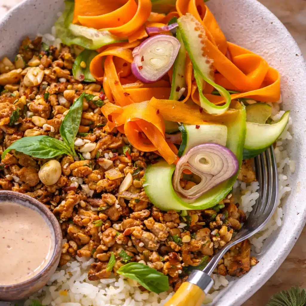 Chicken Banh Mi Bowl with pickled veggies, sriracha mayo, and rice.